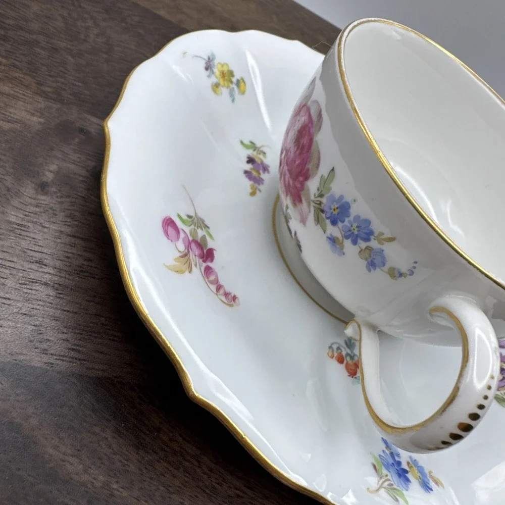 Meissen Flat Cup & Saucer Set Chinoiserie X Mark Crossed Swords Floral AS IS Vtg